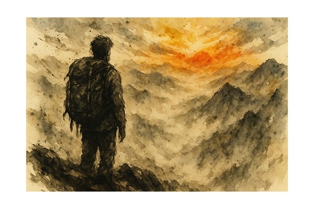 Watercolour painting of a man with a backpack. He looks at the sunset and mountains.